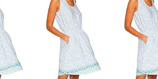 White Cotton Dress with Blue Floral Pattern and Pockets for Summer