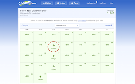 CheapAir flexible date calendar