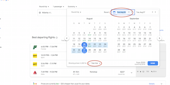 Google Flights flexible date calendar search