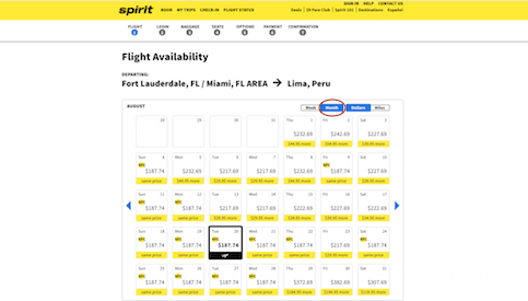 Spirit Airlines flexible date calendar