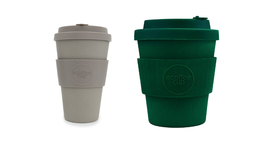 grey ecoffee cup, green reusable coffee cup