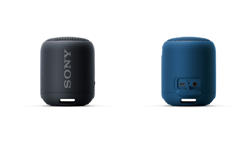 Black portable sony bluetooth speaker, back of blue bluetooth speaker 