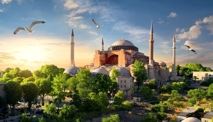 Istanbul Turkey Hagia Sophia at Sunset with Birds