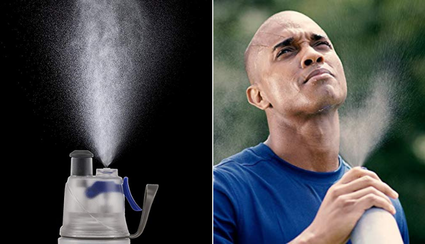 Man spraying mist in his face on a hot day
