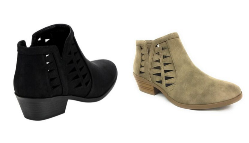 black view of soda chance ankle boot, side view of tan soda chance ankle boot