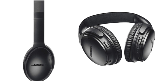 side view of black bose noise canceling headphones, bottom view of headphones