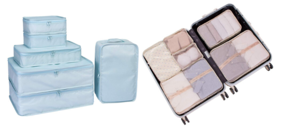 light blue packing pods on top of each other, open suitcase with tan packing pods inside