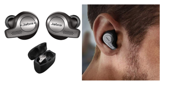 silver wireless earbuds, black carrying case for earbuds, close up of ear of white male with jabra earbud