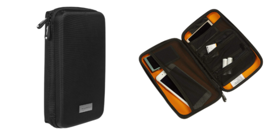 black zip electronics traveling case, open electronics case with orange trim, with cell phone, and batteries inside