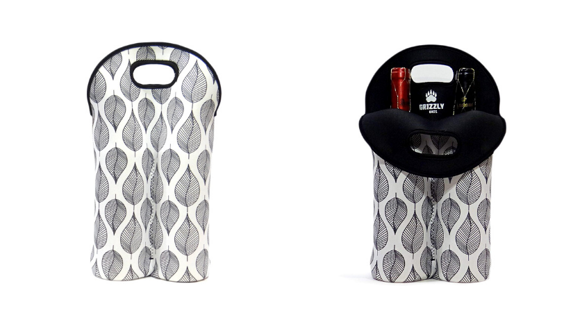 black and white double wine bottle carrier, open wine carrier with 2 bottles of wine