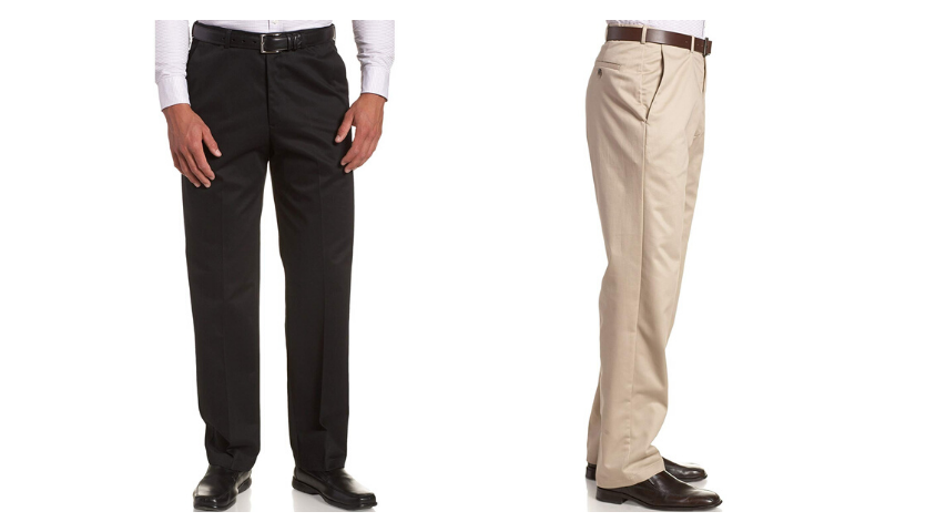 Lower half of man's body, with black Haggar pants, side view of man wearing khaki Haggar pants
