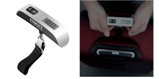 silver digital luggage scale, red suitcase with luggage scale attached and a caucasion woman's hands holding scale