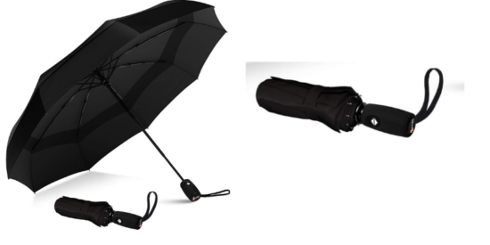 Open black umbrella with closed umbrella next to it, closed black umbrella