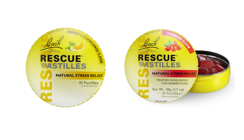 yellow tins of rescue remedy pastilles, lemon and cranberry flavored