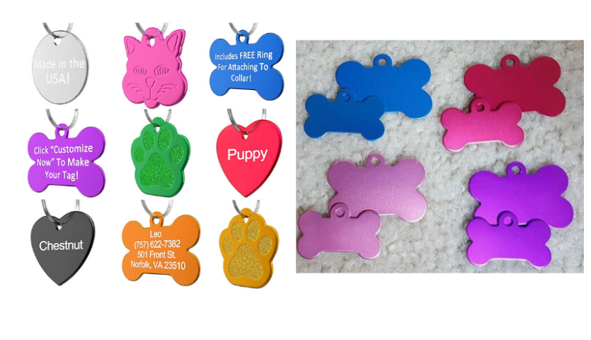 various pet id tags, shaped like a dog bone, heart, paw, cat face, in pink, blue, green, red, orange