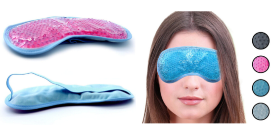 pink eye mask, woman wearing blue eye mask