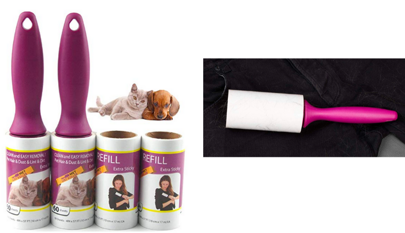 lint rollers with dog and cat, pink lint roller on black fabric with fur