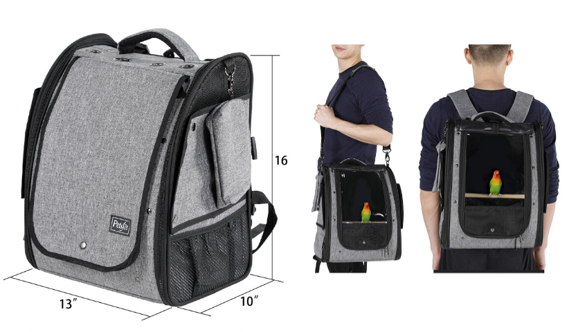 grey and black bird backpack with dimensions, man wearing bird carrier as a messenger bag, back of man with bird carrier backpack