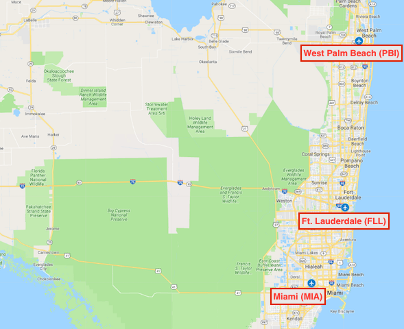 map of south florida airports miami MIA Fort Lauderdale FLL West Palm Beach PBI