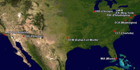 Map showing hubs and focus cities for American Airlines
