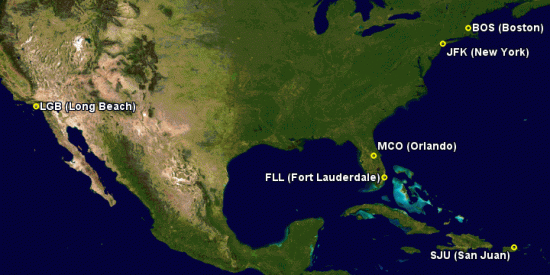 Map showing operating cities for JetBlue