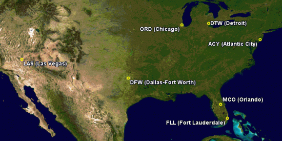 Map showing operating cities for Spirit Airlines