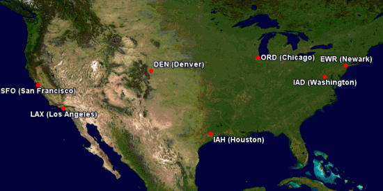 vMap showing hubs and focus cities for United Airlines