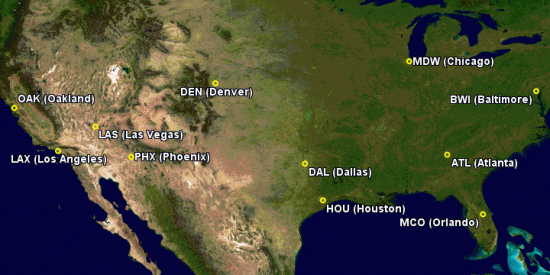 Map showing operating cities for Southwest Airlines