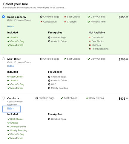 fare options on orbitz