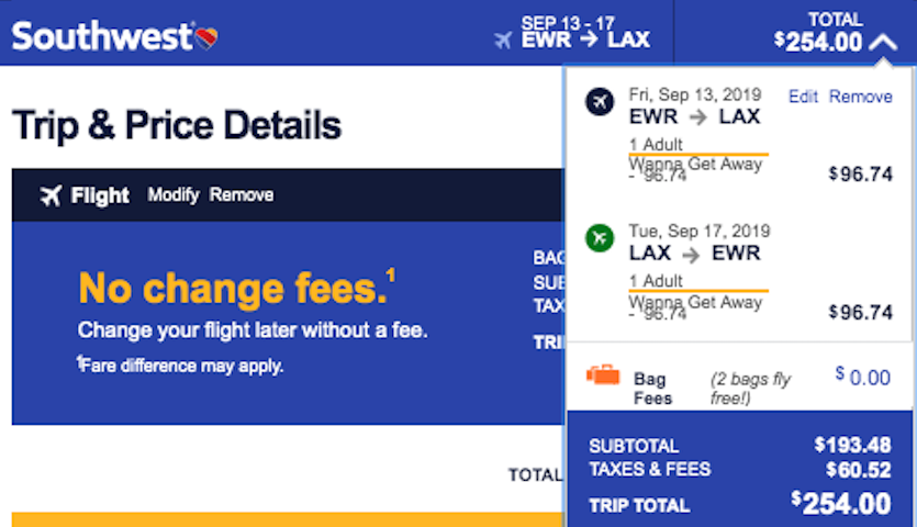 Cheap flight from Newark (EWR) to Los Angeles (LAX) for $254 roundtrip on Southwest