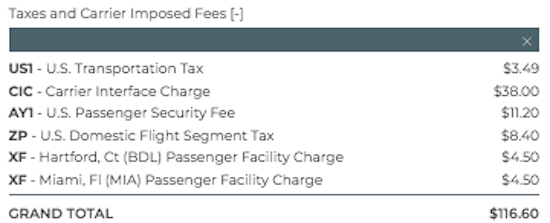 Government and airport taxes plus Frontier Airlines booking fee