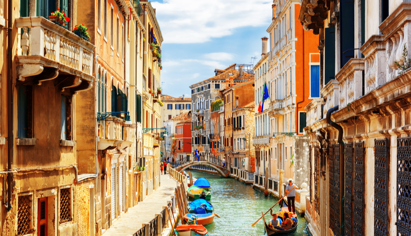Rio Marin canal in Venice Italy with gondolas