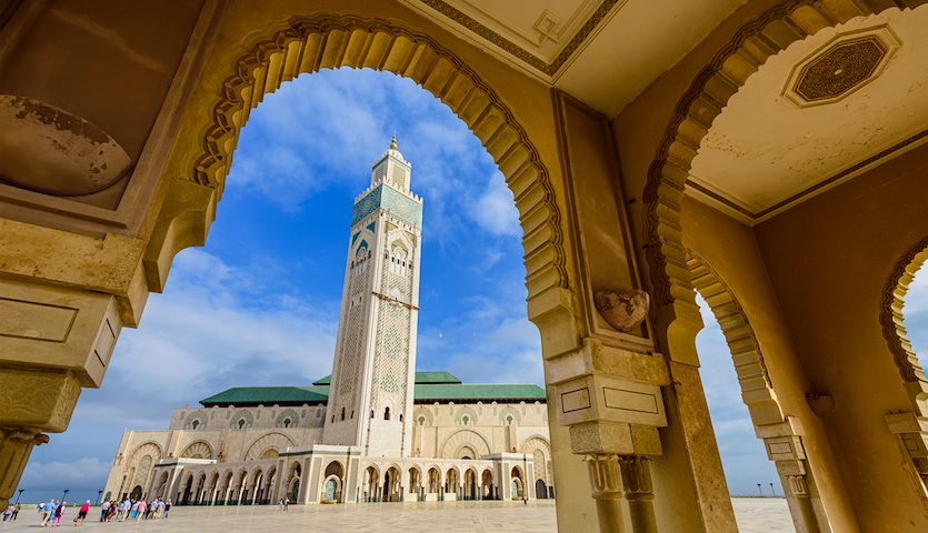 mosque in casablanca morocco with blue sky