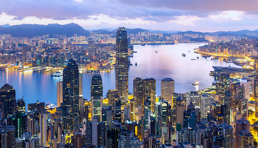 Hong Kong skyline at sunrise cityscape