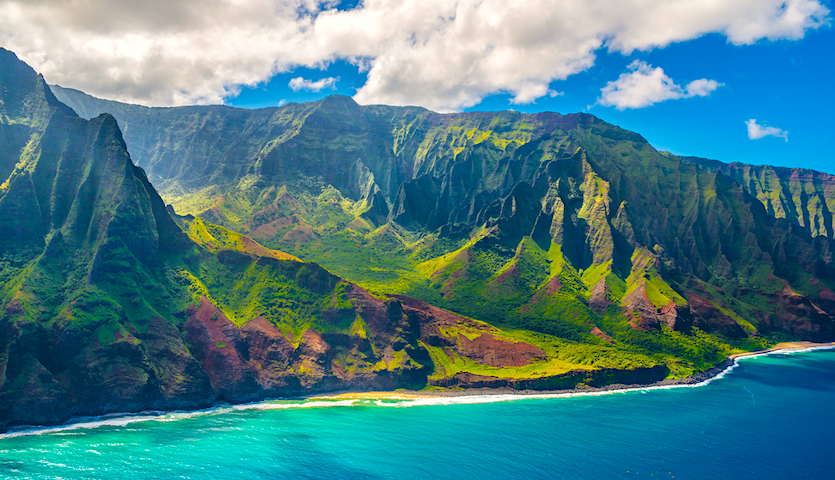 Aerial view of Na Pali coastline in Kauai Hawaii