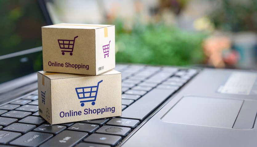 Online Shopping boxes on computer ECommerce