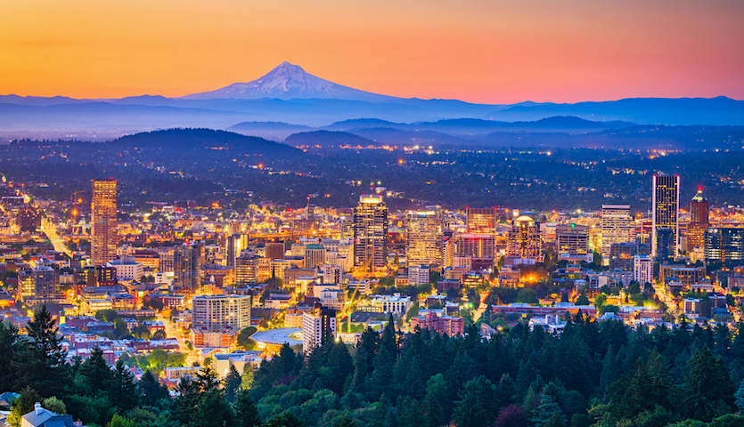 Sunset on downtown Portland Oregon with Mt Hood