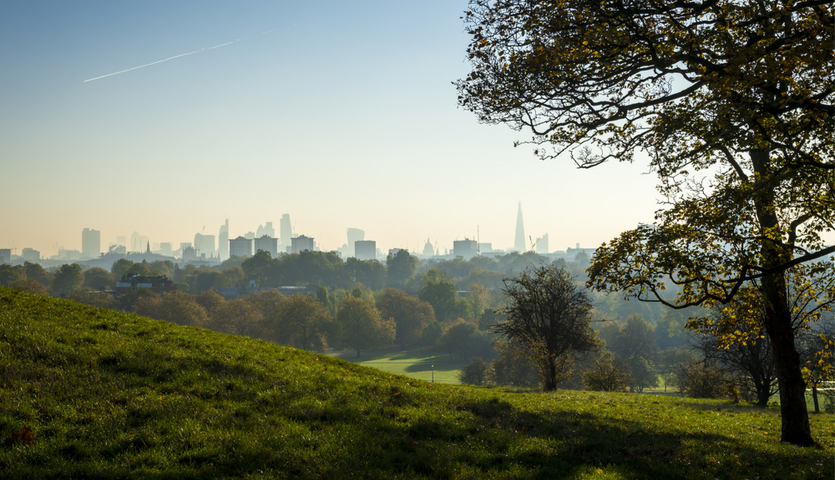 London's Primerose Hill in the morning with a view towards the city skyline