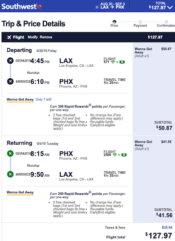 cheap flight from los angeles to phoenix for $128 roundtrip on southwest over labor day weekend