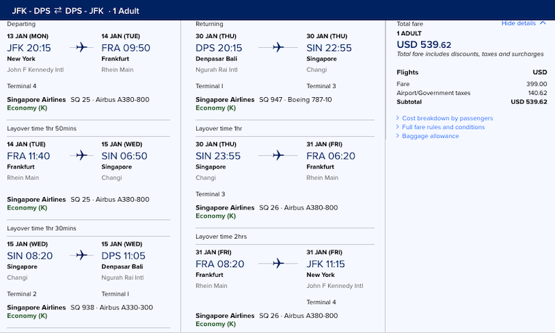 cheap flight from new york to bali for $540 roundtrip on singapore airlines
