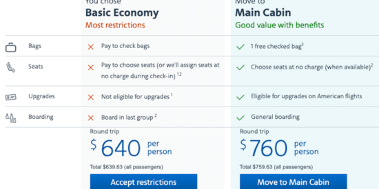 comparing basic economy to main cabin on american airlines flight from minneapolis to casablanca