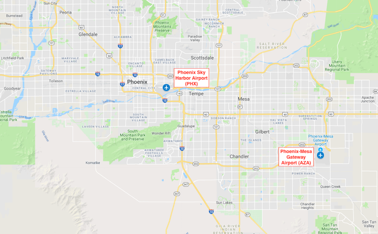map of Phoenix airports Sky Harbor International and Phoenix-Mesa Gateway