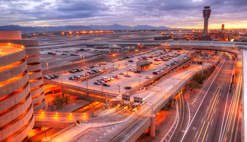 Phoenix Sky Harbor Airport at dawn with light trails
