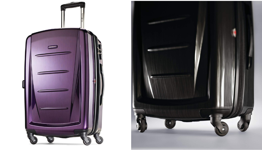 Purple Samsonite carry-on suitcase, close up of black samsonite suitcase