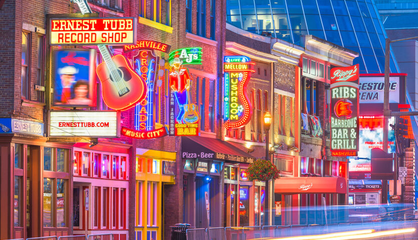 Honky Tonk Row in Nashville Tennessee at dusk
