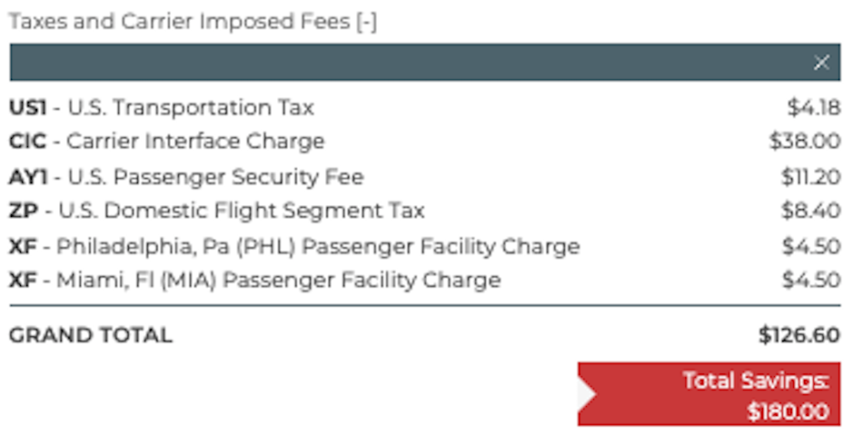 taxes and fees breakdown from philadelphia to miami on frontier airlines