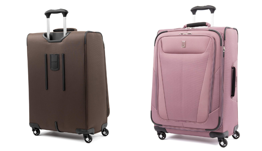 pink travelpro suitcase, back of brown travlepro suitcase
