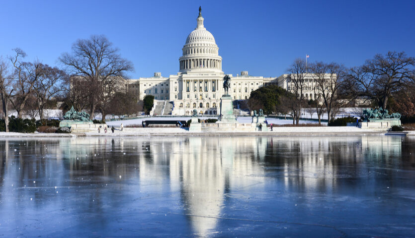 Capitol building in winter, frozen water, snow