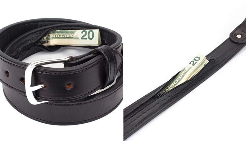 Belt with secret zipper pouch for hiding money