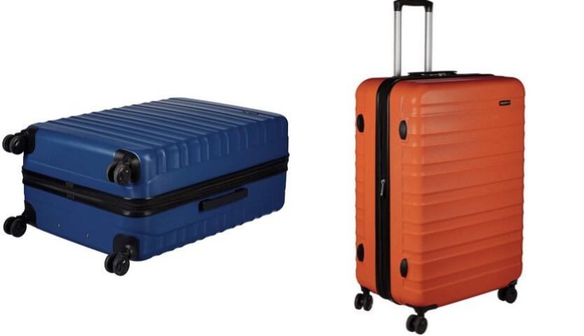 blue amazonbasics suitcase, orange upright amazon basics suitcase